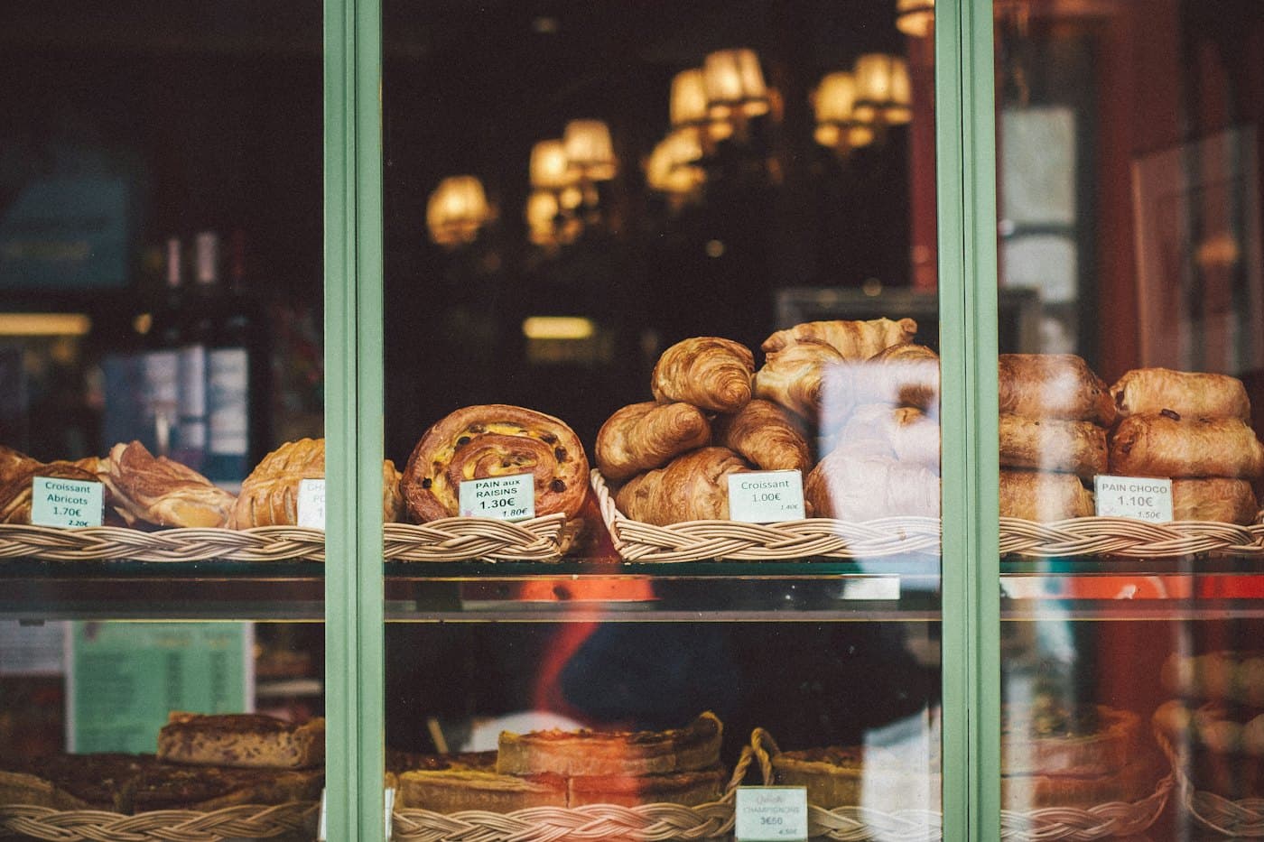 Fresh bread on a glass bakery counter